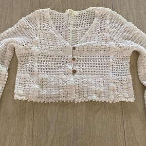 Rebellion cottagecore boho crochet wood buttons cropped bell sleeve cardigan.